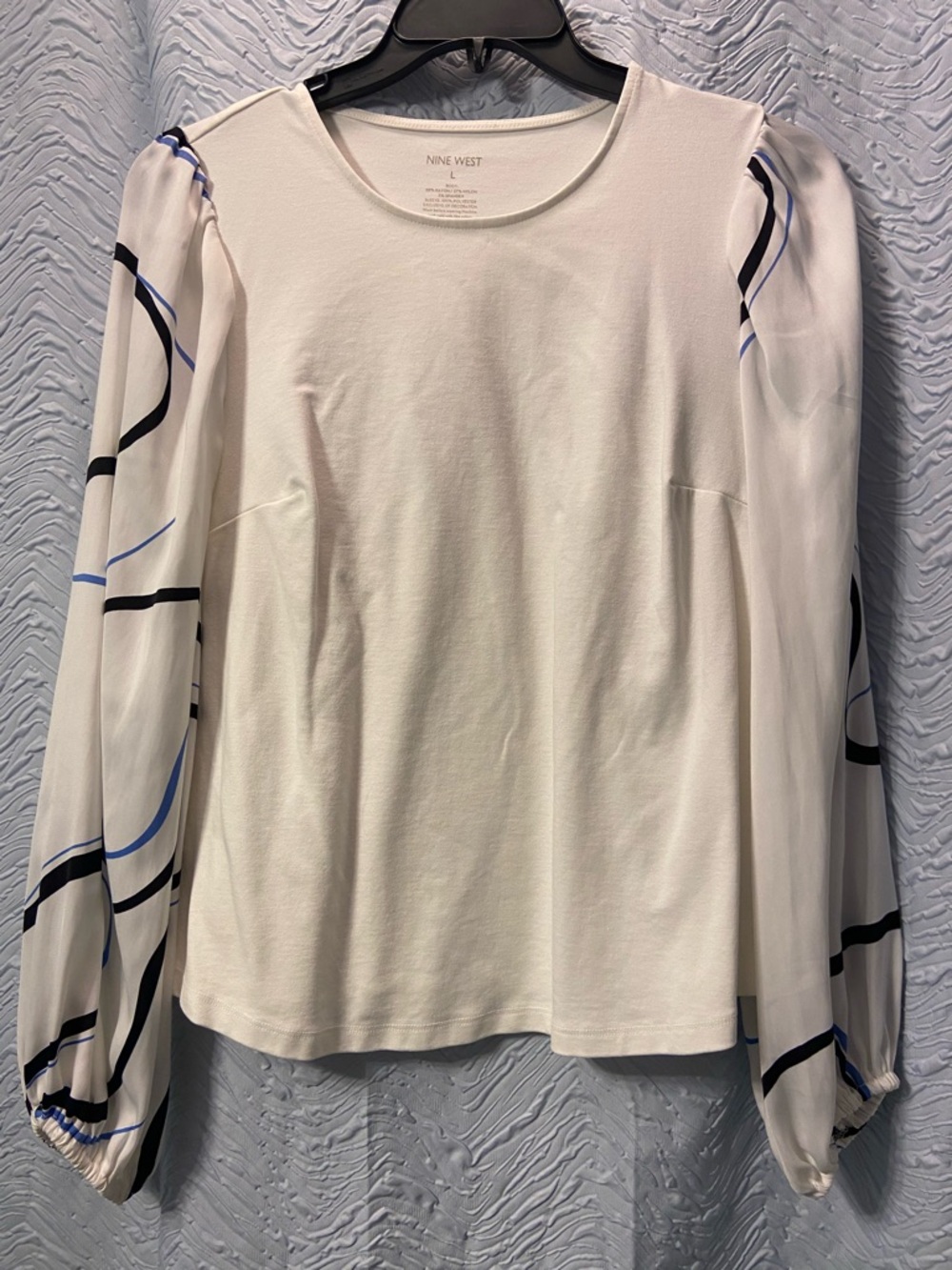 Nine West White Knit Top with Sheer Graphic Sleeves